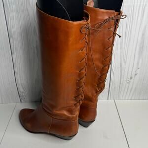 Sudini Italian Leather Tall Women’s Boots US Size 8B Cognac Brown Lace Up VTG